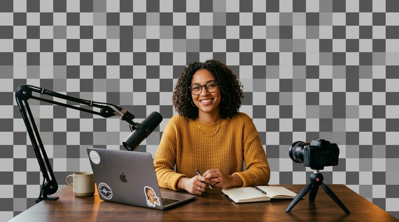 Illustration of a presenter cutout over a checkerboard representing transparency